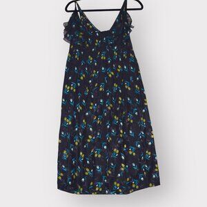 Rebecca Taylor Size 2 Navy Blue Floral 100% Silk Sleeveless Ruffle Midi Dress